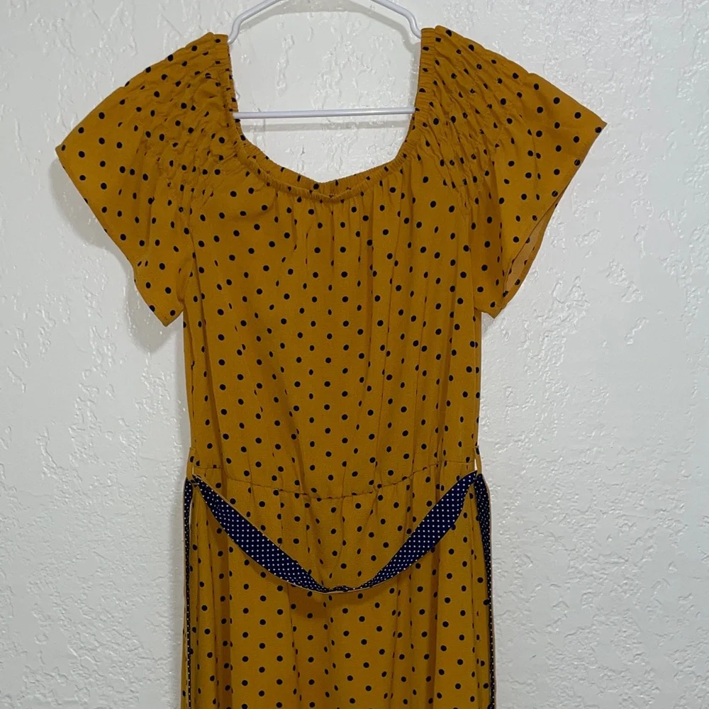 Wrapper Mustard Polka Dot Midi Dress with Navy Accent - Picture 1 of 11